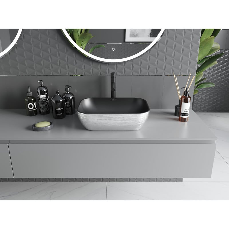 Mexen Rita lavabo à poser 45 x 32 cm, noir mat/motif lignes argent - 21084573