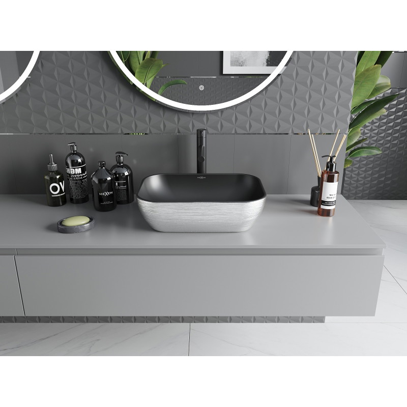 Mexen Rita lavabo à poser 45 x 32 cm, noir mat/motif lignes argenté - 21084573