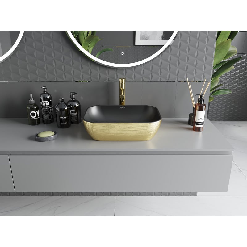 Mexen Rita lavabo à poser 45 x 32 cm, noir mat/doré motif lignes - 21084577