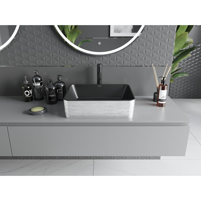 Mexen Catia lavabo à poser 48 x 37 cm, noir mat/motif lignes argentées - 21314873