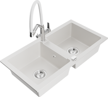 Mexen Mario évier de cuisine en granit 2 bacs avec robinet cuisine Duo, blanc - 6504-20-671701-02