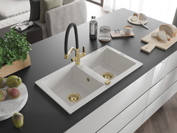 Mexen Mario évier en granit à 2 bacs avec robinet de cuisine Duo, blanc - 6504-20-671701-57-G