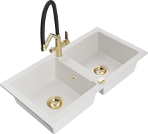 Mexen Mario évier en granit à 2 bacs avec robinet de cuisine Duo, blanc - 6504-20-671701-57-G