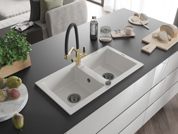 Mexen Mario évier en granit 2 bacs avec robinet de cuisine Duo, blanc - 6504-20-671701-57-B