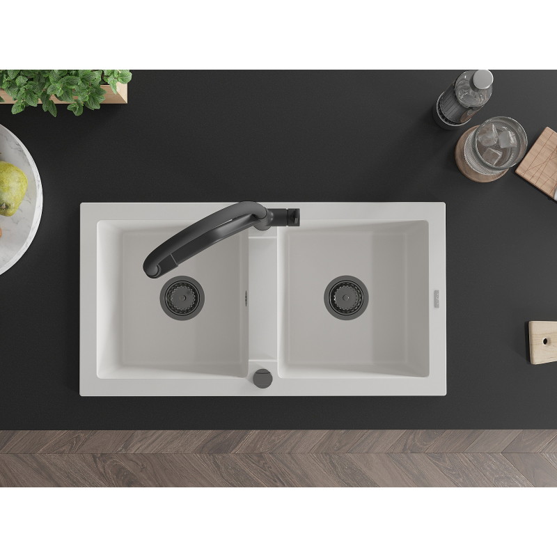 Mexen Mario évier de cuisine en granit à 2 cuves avec robinet de cuisine Duo, blanc - 6504-20-671701-70-B