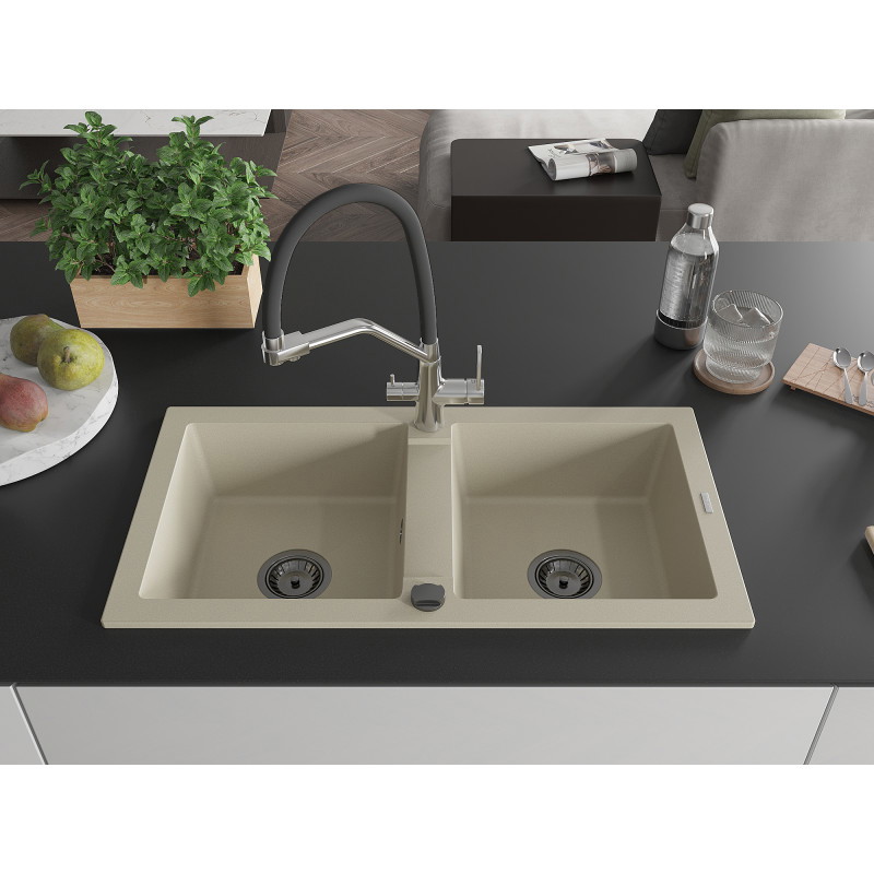 Mexen Mario évier en granit 2 bacs avec robinet de cuisine Duo, beige - 6504-69-671701-07-B