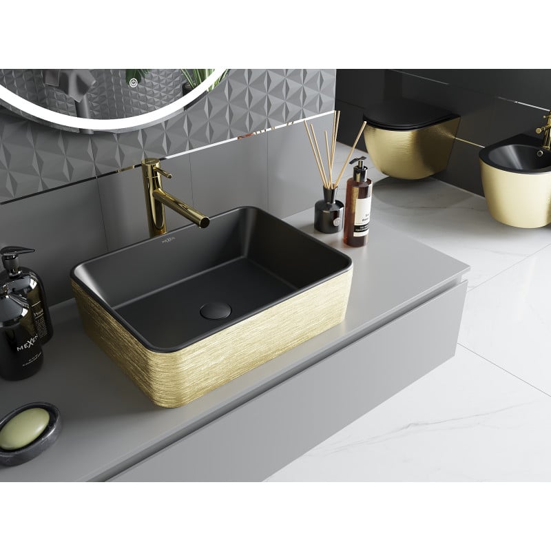 Mexen Catia lavabo à poser 48 x 37 cm, noir mat/motif lignes dorées - 21314877