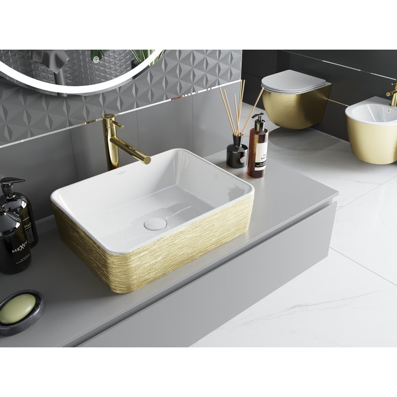 Mexen Catia lavabo à poser 48 x 38 cm, blanc/doré motif lignes - 21314817