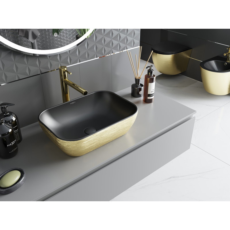 Mexen Rita lavabo à poser 45 x 32 cm, noir mat/doré motif lignes - 21084577