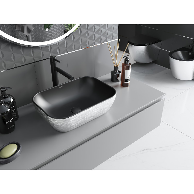 Mexen Rita lavabo à poser 45 x 32 cm, noir mat/motif lignes argent - 21084573