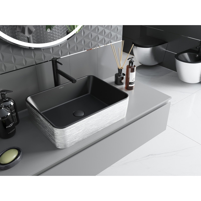Mexen Catia lavabo à poser 48 x 37 cm, noir mat/motif lignes argenté - 21314873