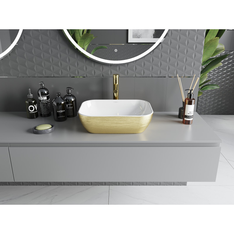 Mexen Rita lavabo posé sur plan 45 x 32 cm, blanc / lignes dorées - 21084553