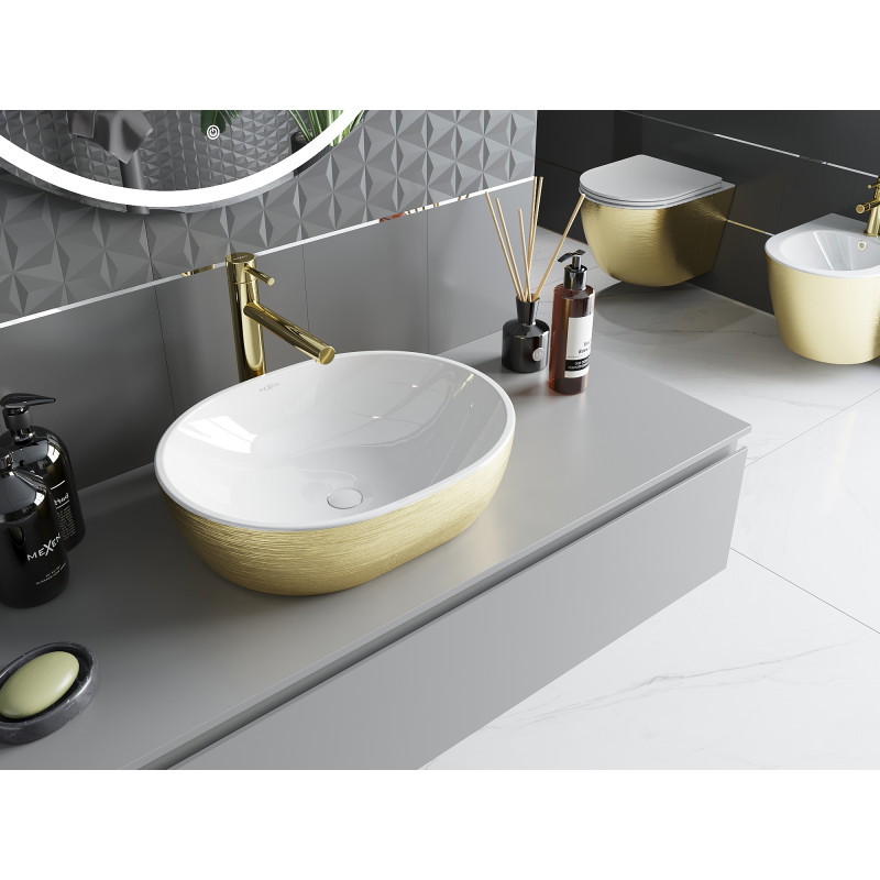 Mexen Viki lavabo à poser 48 x 35 cm, blanc/doré motif lignes - 21054817