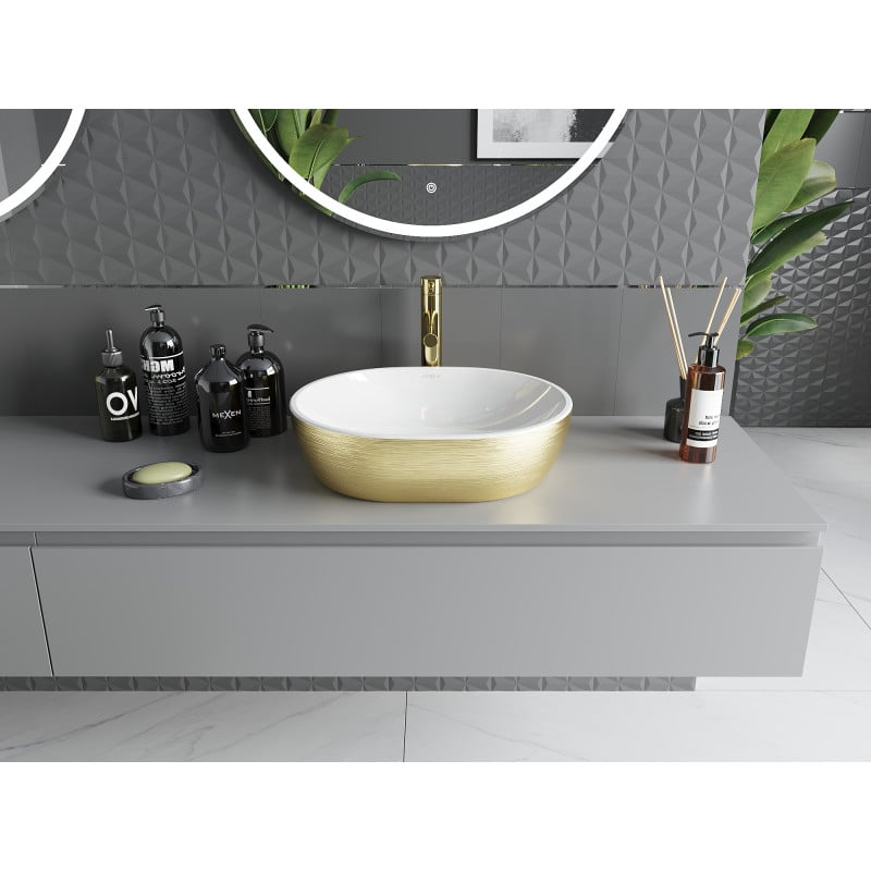 Mexen Viki lavabo à poser 48 x 35 cm, blanc/doré motif lignes - 21054817