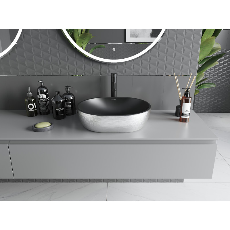 Mexen Viki lavabo à poser 48 x 35 cm, noir mat/motif argent lignes - 21054873