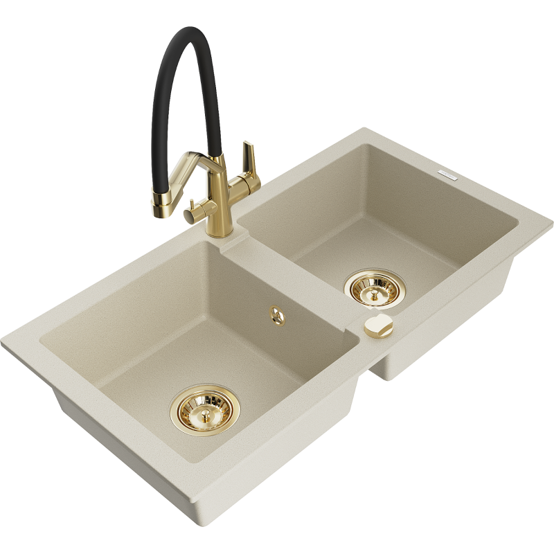 Mexen Mario évier de cuisine 2 bacs avec robinet Duo, beige - 6504-69-671701-57-G