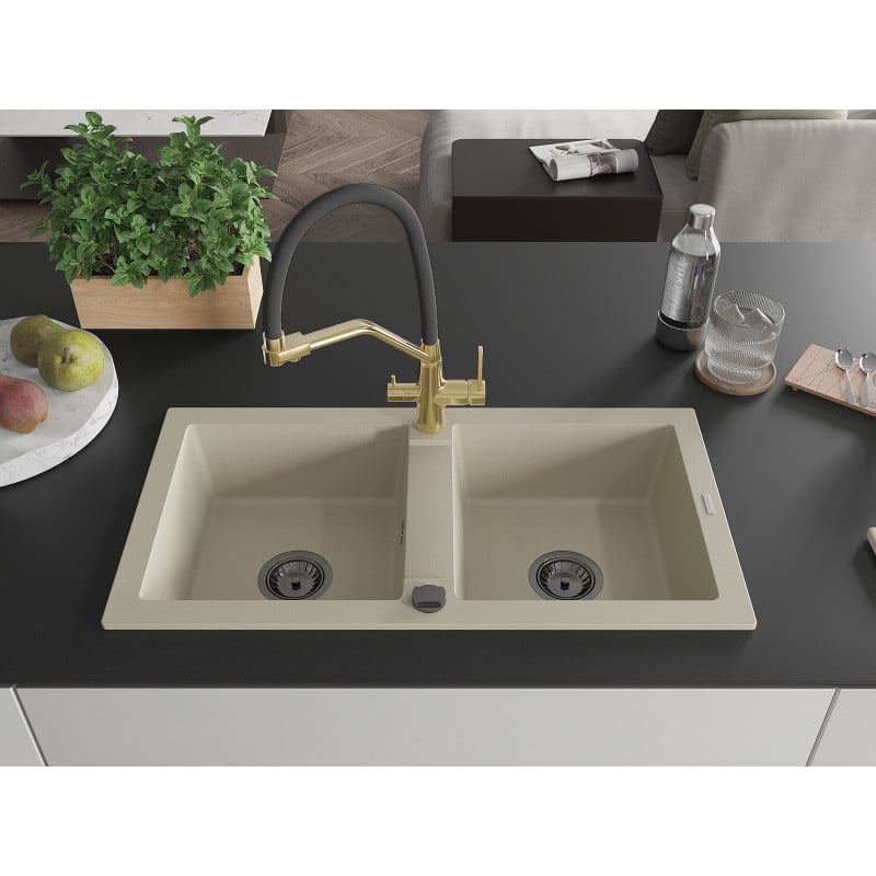 Mexen Mario évier en granit 2 bacs avec robinet de cuisine Duo, beige - 6504-69-671701-57-B