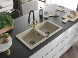 Mexen Mario évier en granit 2 bacs avec robinet de cuisine Duo, beige - 6504-69-671701-57-B