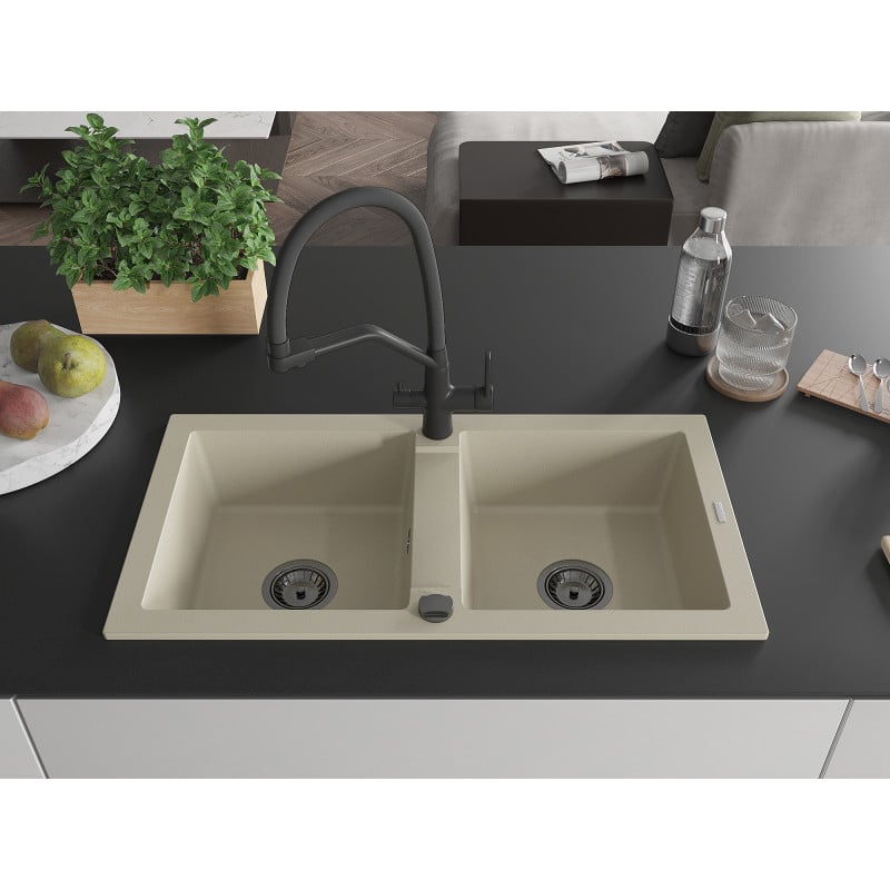 Mexen Mario évier en granit 2 bacs avec robinet de cuisine Duo, beige - 6504-69-671701-70-B