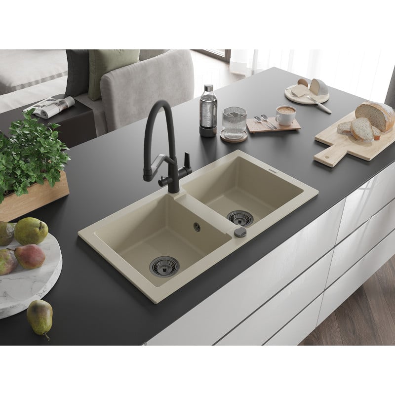 Mexen Mario évier en granit 2 bacs avec robinet de cuisine Duo, beige - 6504-69-671701-70-B