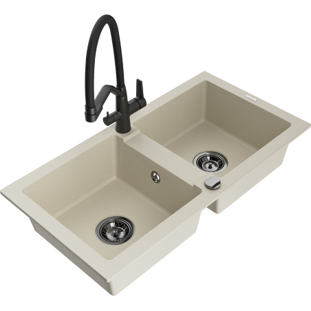 Mexen Mario évier en granit 2-bacs avec robinet de cuisine Duo, beige - 6504-69-671701-70-B