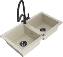Mexen Mario évier en granit 2-bacs avec robinet de cuisine Duo, beige - 6504-69-671701-70-B