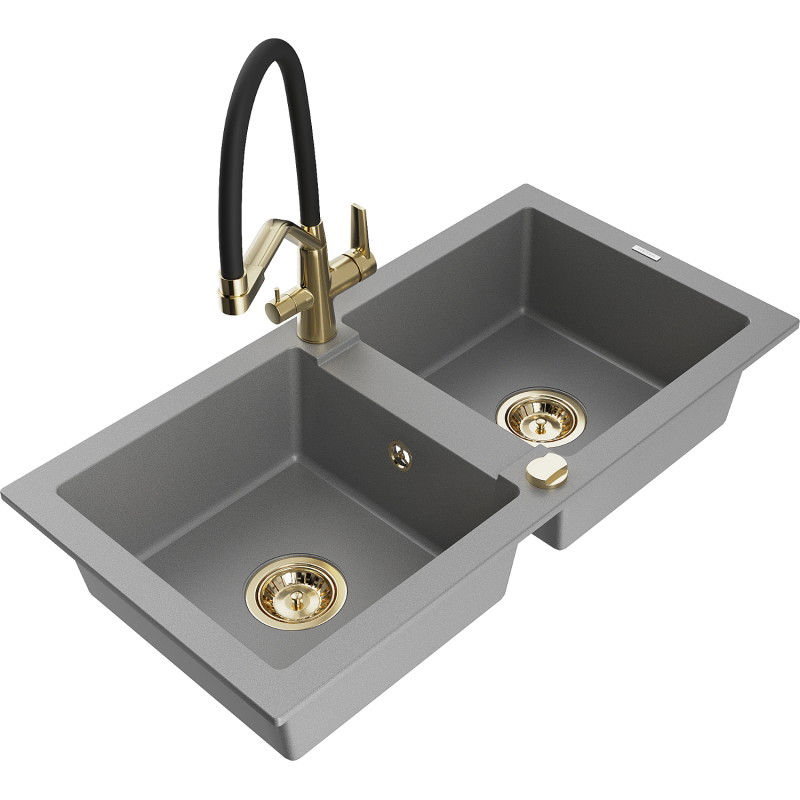Mexen Mario évier granit double bac avec robinet de cuisine Duo, gris - 6504-71-671701-57-G