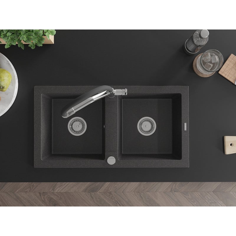 Mexen Mario évier de cuisine granit 2 bacs avec robinet Duo, noir moucheté - 6504-76-671701-07