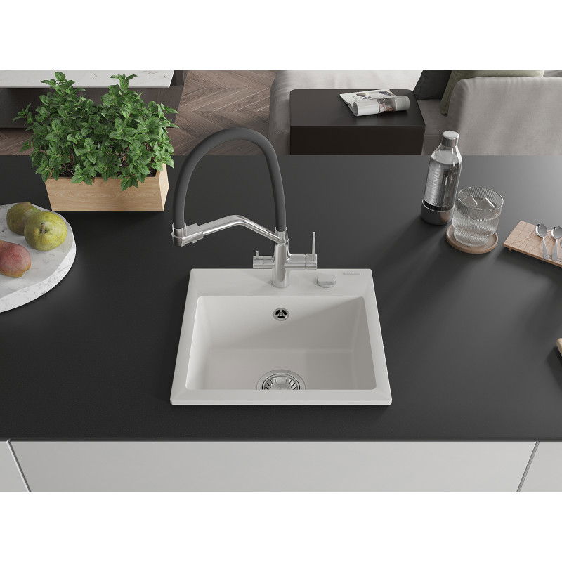 Mexen Milo évier en granit 1 bac avec robinet de cuisine Duo, blanc - 6505-20-671701-07