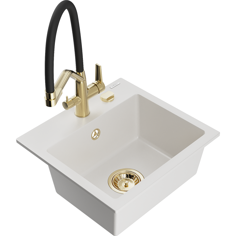 Mexen Milo évier granit 1-bac avec robinet cuisine Duo, blanc - 6505-20-671701-57-G
