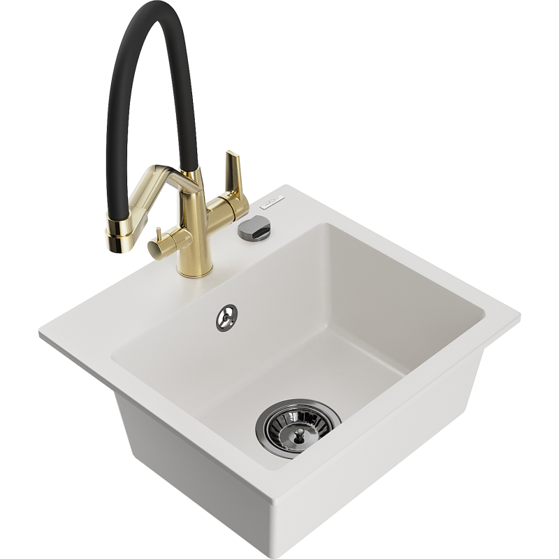 Mexen Milo évier en granit 1-bac avec robinet de cuisine Duo, blanc - 6505-20-671701-57-B