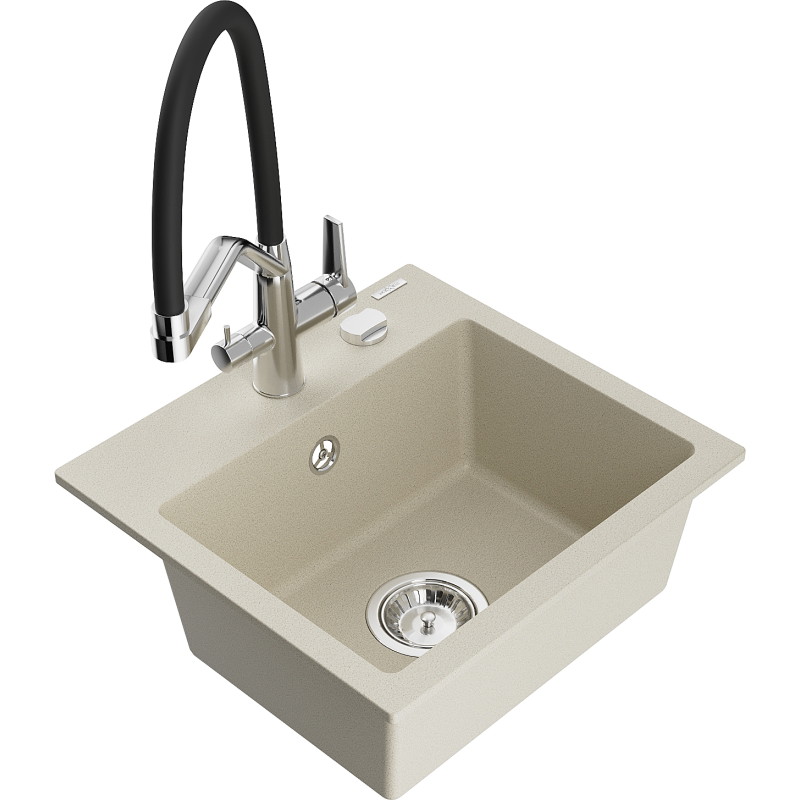 Mexen Milo évier en granit 1 bac avec robinet de cuisine Duo, beige - 6505-69-671701-07