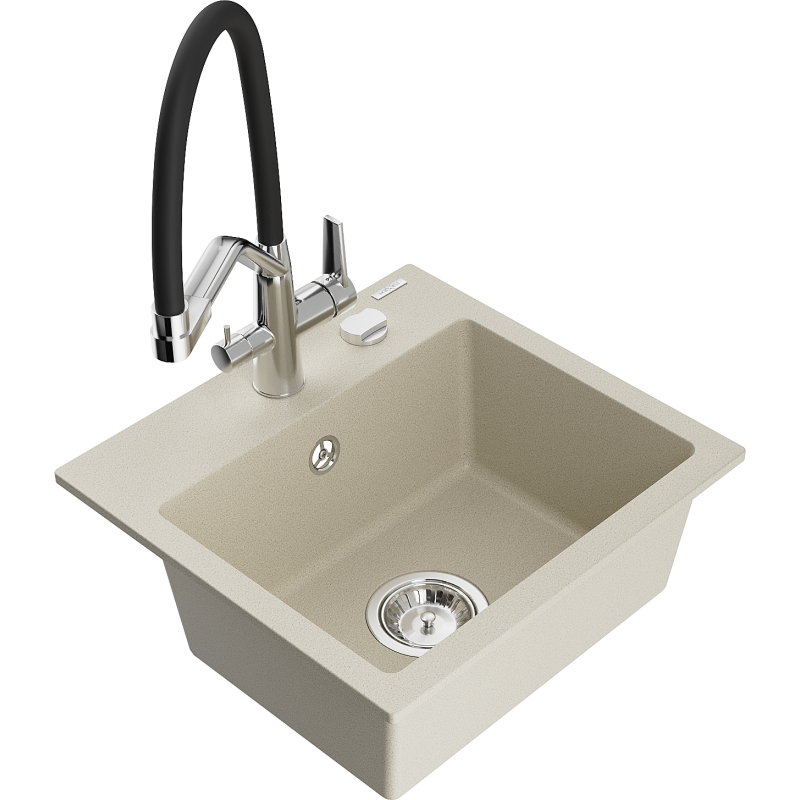 Mexen Milo évier en granit 1-bassin avec robinet de cuisine Duo, beige - 6505-69-671701-07