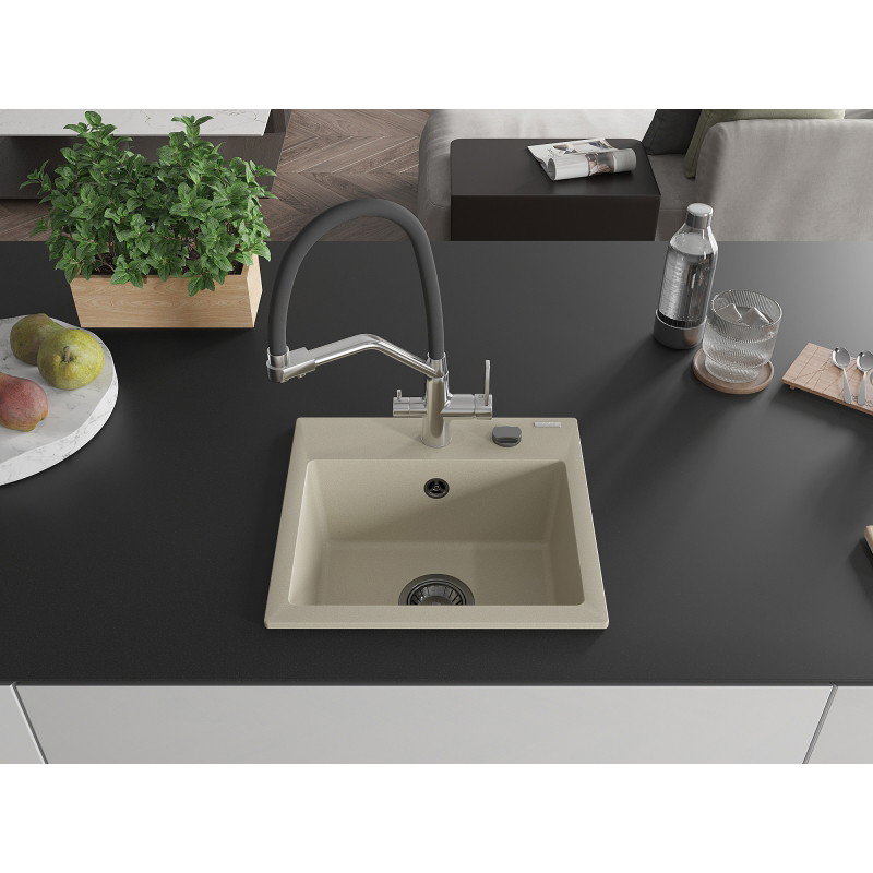 Mexen Milo évier en granit 1 bac avec robinet de cuisine Duo, beige - 6505-69-671701-07-B