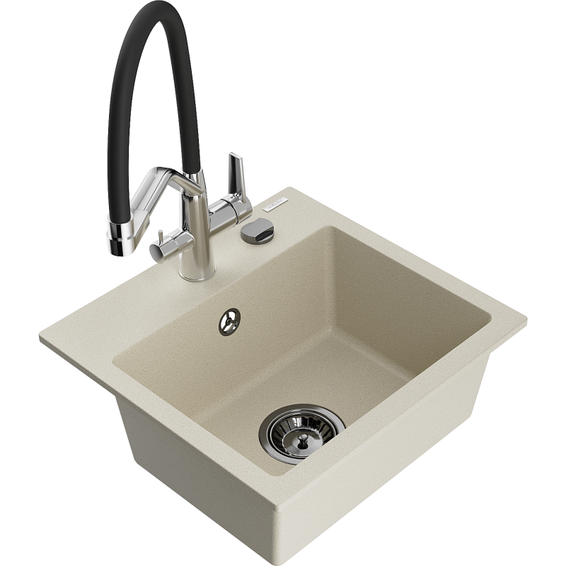 Mexen Milo évier de cuisine en granit 1-bac avec robinet duo, beige - 6505-69-671701-07-B