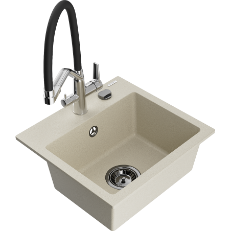 Mexen Milo évier en granit 1 bac avec robinet de cuisine Duo, beige - 6505-69-671701-07-B
