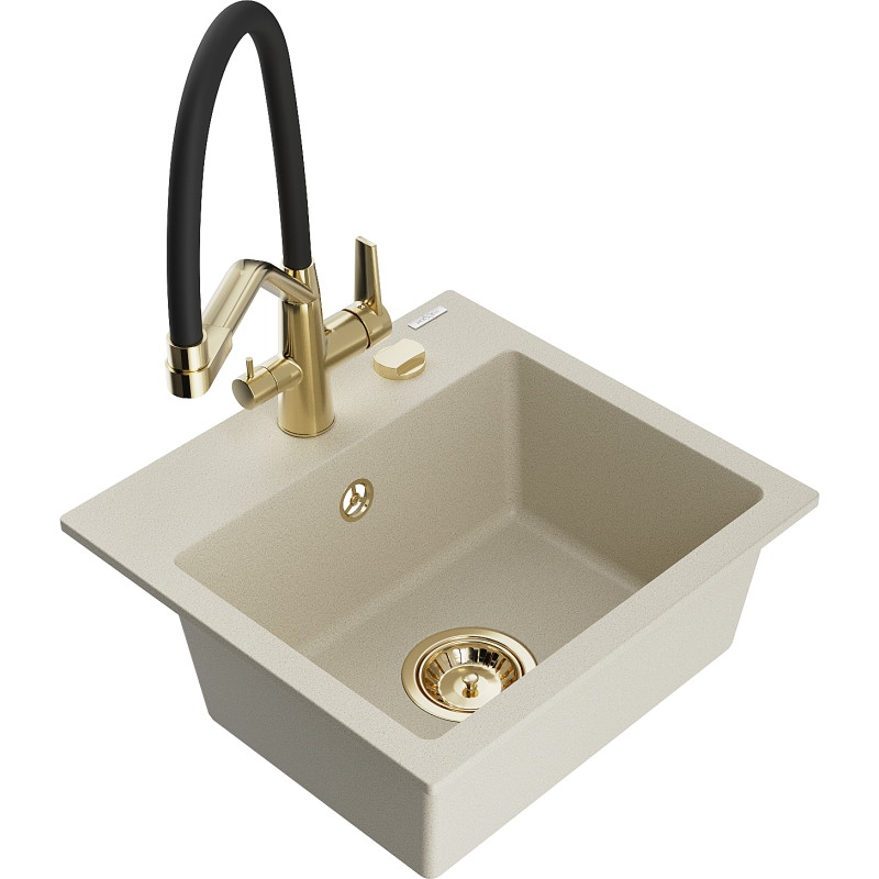 Mexen Milo évier en granit 1 cuve avec robinet de cuisine Duo, beige - 6505-69-671701-57-G