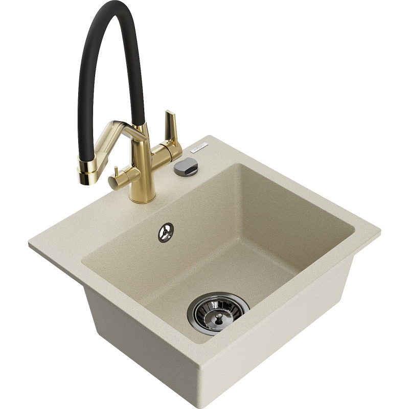 Mexen Milo évier de cuisine en granit 1 bac avec robinet Duo, beige - 6505-69-671701-57-B