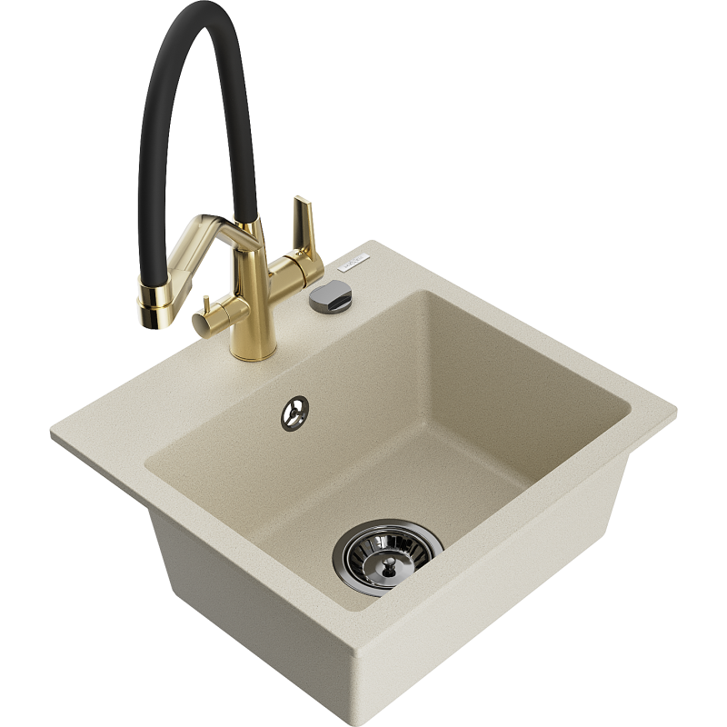 Mexen Milo évier en granit 1 bac avec mitigeur Duo, beige - 6505-69-671701-57-B