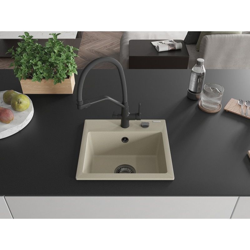Mexen Milo évier en granit 1 bac avec robinet de cuisine Duo, beige - 6505-69-671701-70-B