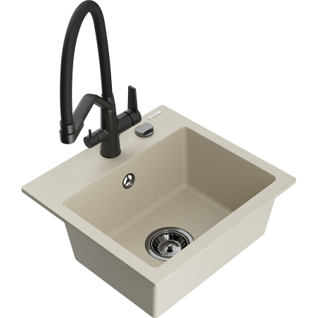 Mexen Milo évier en granit 1 bac avec robinet de cuisine Duo, beige - 6505-69-671701-70-B