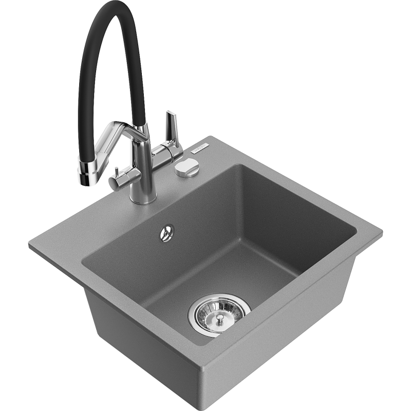 Mexen Milo évier en granit 1-bac avec robinet de cuisine Duo, gris - 6505-71-671701-07
