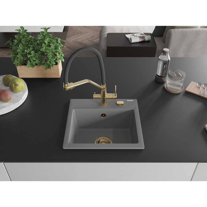 Mexen Milo évier en granit 1 bac avec robinet de cuisine Duo, gris - 6505-71-671701-57-G
