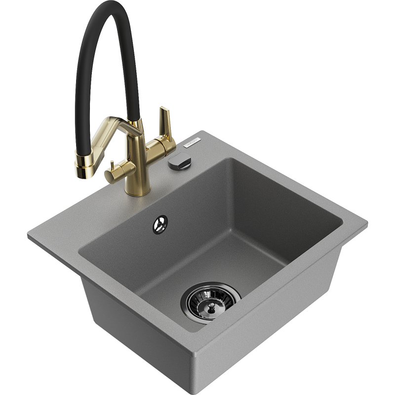 Mexen Milo évier en granit 1 cuve avec robinet de cuisine Duo, gris - 6505-71-671701-57-B