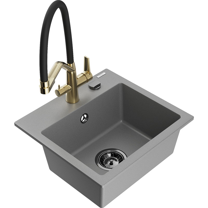 Mexen Milo évier granit 1 bac avec robinet de cuisine Duo, gris - 6505-71-671701-57-B