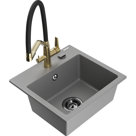 Mexen Milo évier en granit 1 cuve avec robinet de cuisine Duo, gris - 6505-71-671701-57-B