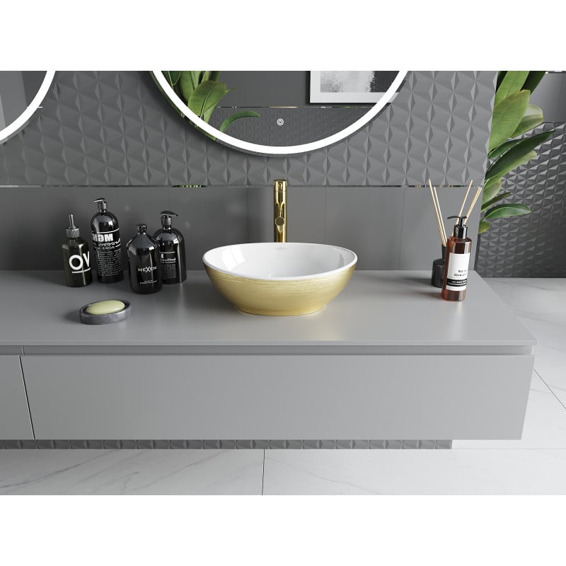 Mexen Elza lavabo de comptoir 40 x 33 cm, blanc/or motif lignes - 21014017