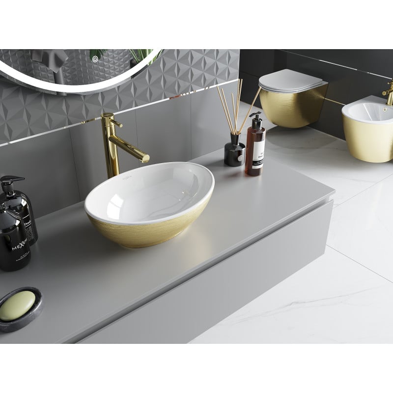 Mexen Elza lavabo de comptoir 40 x 33 cm, blanc/or motif lignes - 21014017