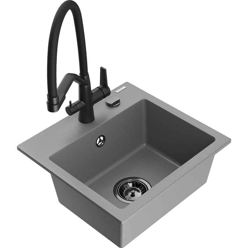 Mexen Milo évier en granit 1-bac avec robinet de cuisine Duo, gris - 6505-71-671701-70-B