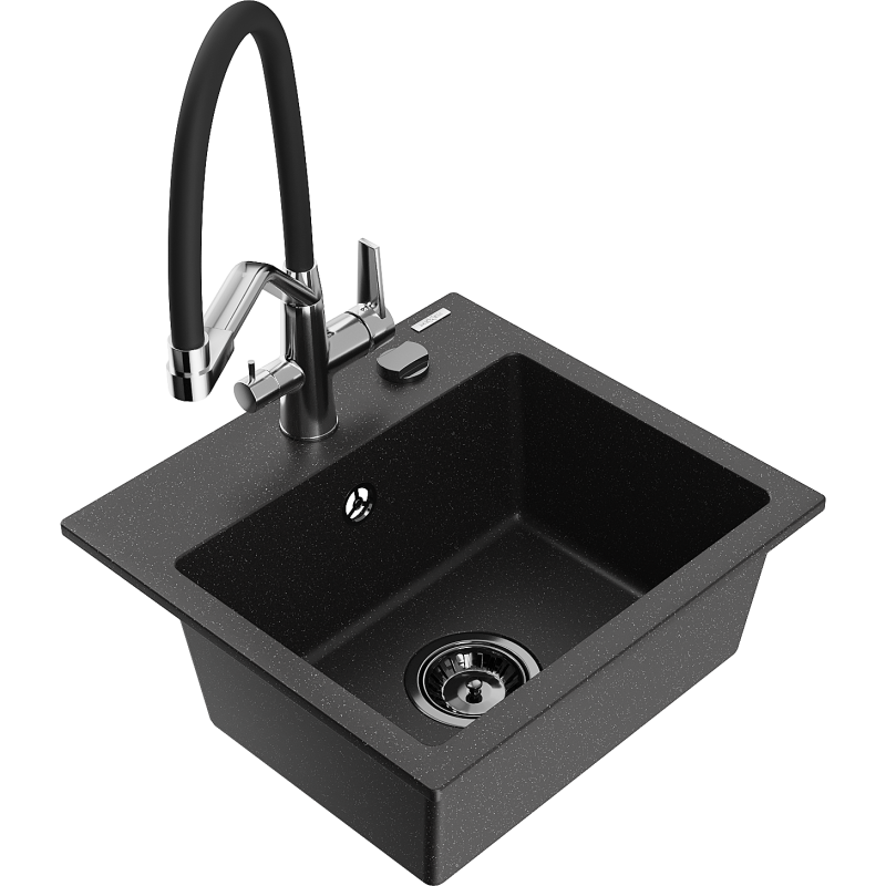Mexen Milo évier de cuisine en granit 1 bac avec robinet de cuisine Duo, noir/argent métallique - 6505-73-671701-07-B